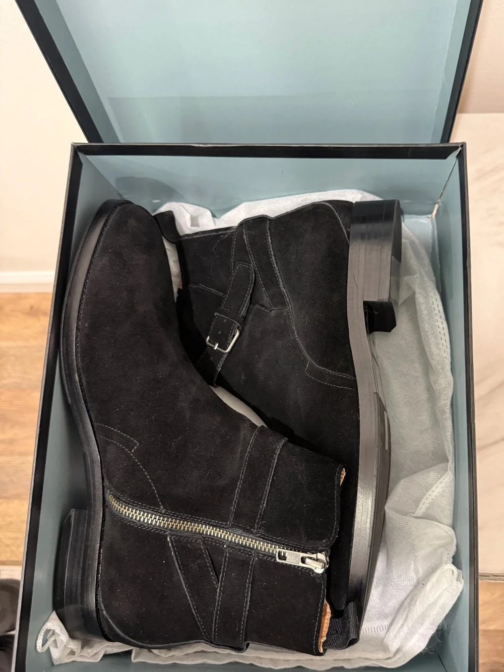 Men's Black Suede Ankle Boots with Buckle Strap